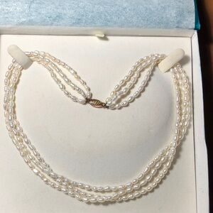 Vtg Three-Strand White Freshwater Pearl Necklace with 14 K Decorative Clasp